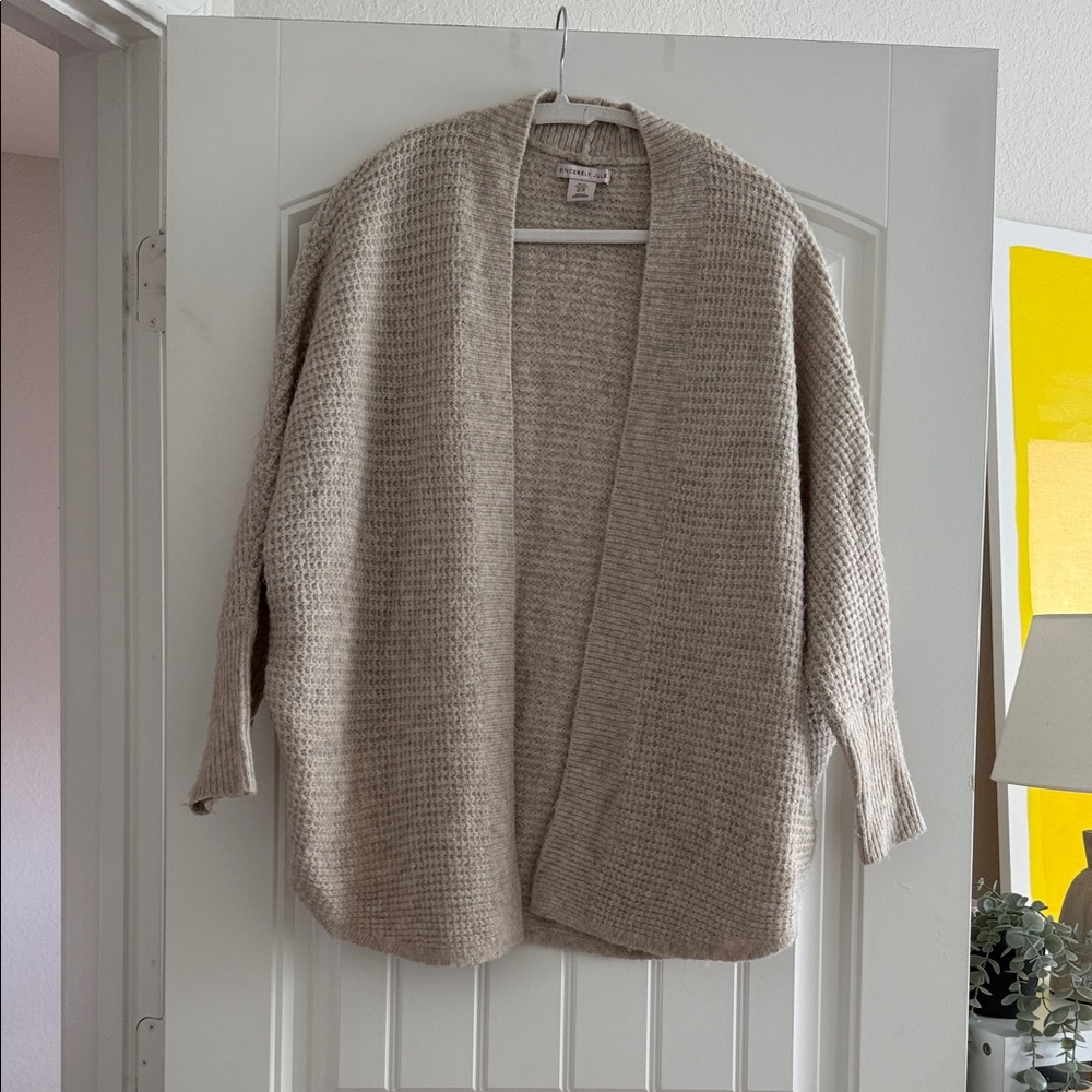 Sincerly Jules Open-Front Waffle Knit Cardigan - Beige
